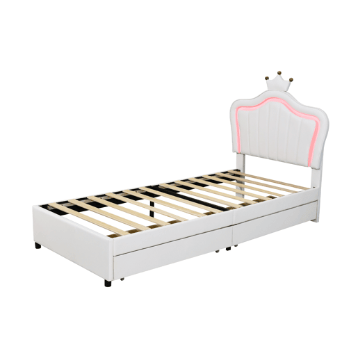 Cama infantil 90x200 cm - Cama individual de princesa branca em PU com arrumação, luzes LED, estrado e encosto
