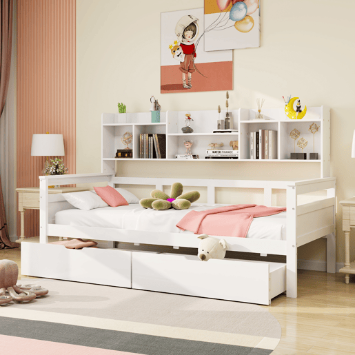Sofá-cama 90x200 - Com gavetas e prateleiras, estrado, cama infantil, cama juvenil, cama individual, cama de madeira maciça - Branco
