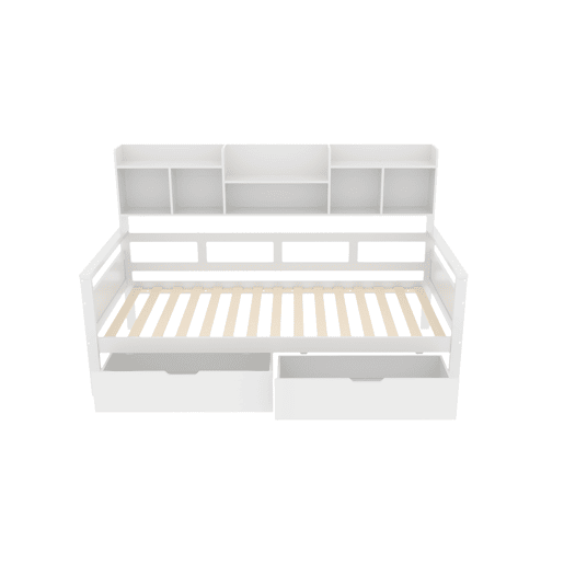 Sofá-cama 90x200 - Com gavetas e prateleiras, estrado, cama infantil, cama juvenil, cama individual, cama de madeira maciça - Branco