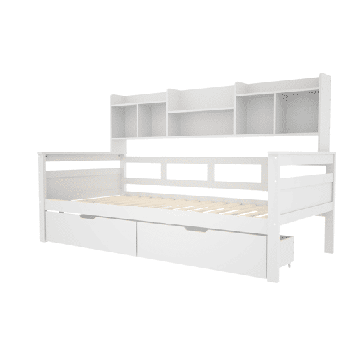 Sofá-cama 90x200 - Com gavetas e prateleiras, estrado, cama infantil, cama juvenil, cama individual, cama de madeira maciça - Branco