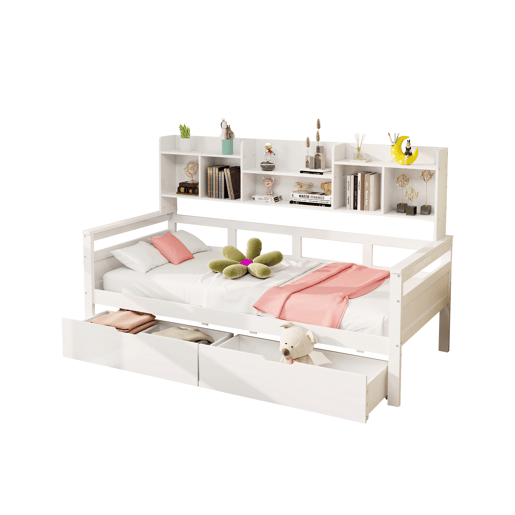Sofá-cama 90x200 - Com gavetas e prateleiras, estrado, cama infantil, cama juvenil, cama individual, cama de madeira maciça - Branco