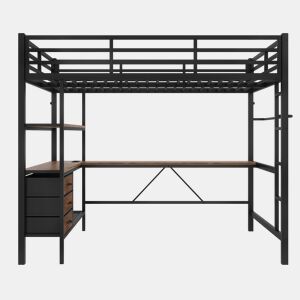 Cama alta 140x200cm - Com LED, secretária, tomada + USB, 3 gavetas, prateleiras, grade, escada - Preto