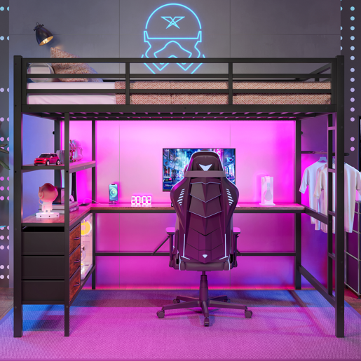 Cama alta 140x200cm - Com LED, secretária, tomada + USB, 3 gavetas, prateleiras, grade, escada - Preto