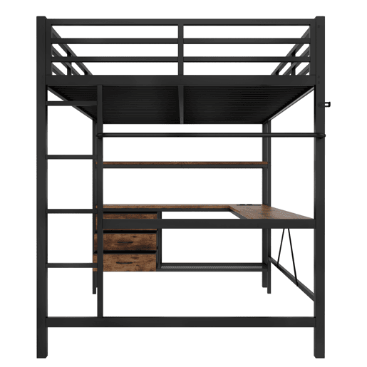 Cama alta 140x200cm - Com LED, secretária, tomada + USB, 3 gavetas, prateleiras, grade, escada - Preto