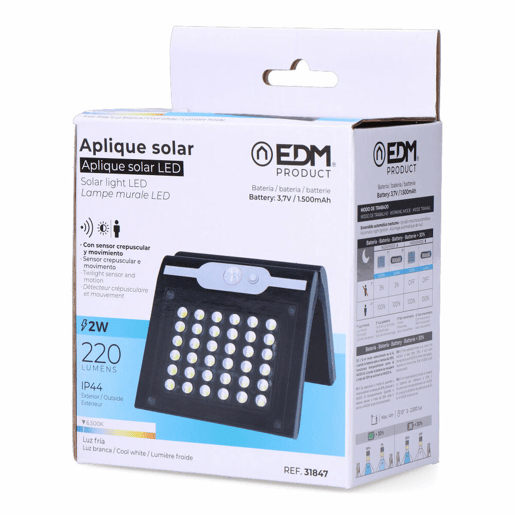 Luz de Parede EDM 31847 Preto 2 W 220 lm Sensor de Movimento Solar (6500 K) Luz de Parede EDM 31847 Preto 2 W 220 lm Sensor de Movimento Solar (6500 K)