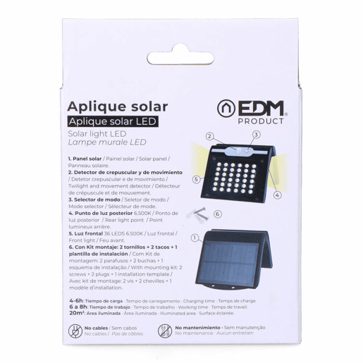 Luz de Parede EDM 31847 Preto 2 W 220 lm Sensor de Movimento Solar (6500 K) Luz de Parede EDM 31847 Preto 2 W 220 lm Sensor de Movimento Solar (6500 K)