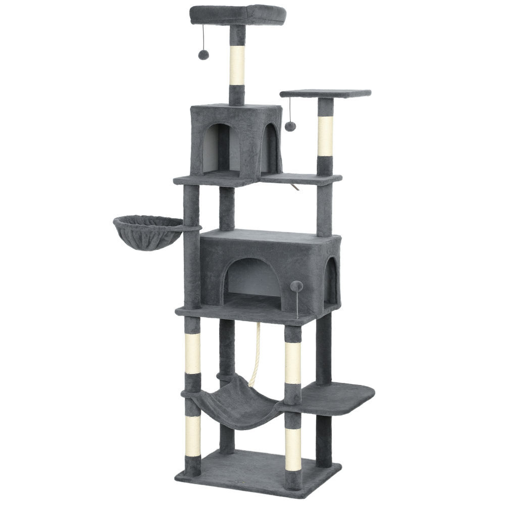 Pawhut árbol rascador para gatos, árbol para gatos 202 cm, torre escalador con plataformas, 2 hamacas, 2 cuevas, 6 postes de sisal, 3 bolas y cuerda para jugar, gris oscuro