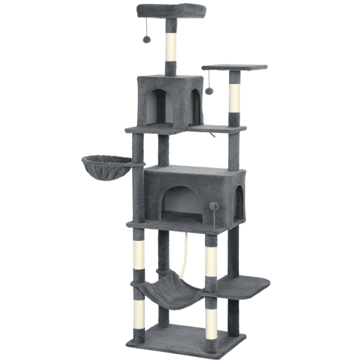 PawHut Arranhador para Gatos 202 cm Torre de Escalada com Plataformas Plataformas Caverna Postes de Sisal Bolas e Corda para Brincar Cinzento