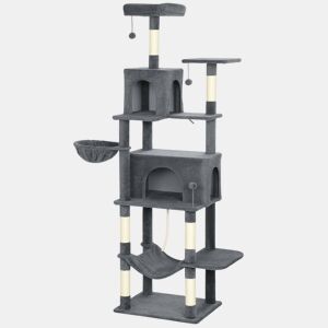 PawHut Arranhador para Gatos 202 cm Torre de Escalada com Plataformas Plataformas Caverna Postes de Sisal Bolas e Corda para Brincar Cinzento