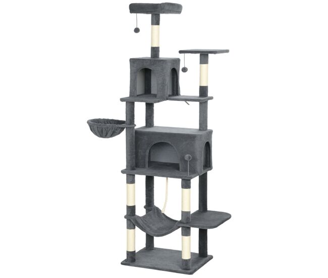 Pawhut árbol rascador para gatos, árbol para gatos 202 cm, torre escalador con plataformas, 2 hamacas, 2 cuevas, 6 postes de sisal, 3 bolas y cuerda para jugar, gris oscuro