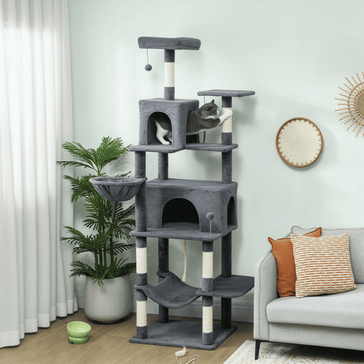 PawHut Arranhador para Gatos 202 cm Torre de Escalada com Plataformas Plataformas Caverna Postes de Sisal Bolas e Corda para Brincar Cinzento