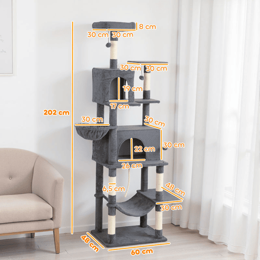 PawHut Arranhador para Gatos 202 cm Torre de Escalada com Plataformas Plataformas Caverna Postes de Sisal Bolas e Corda para Brincar Cinzento