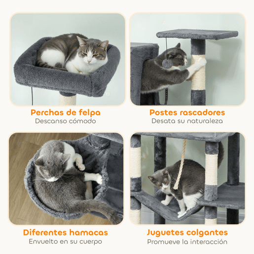 PawHut Arranhador para Gatos 202 cm Torre de Escalada com Plataformas Plataformas Caverna Postes de Sisal Bolas e Corda para Brincar Cinzento