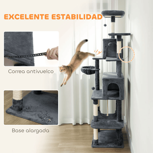 PawHut Arranhador para Gatos 202 cm Torre de Escalada com Plataformas Plataformas Caverna Postes de Sisal Bolas e Corda para Brincar Cinzento