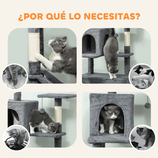 PawHut Arranhador para Gatos 202 cm Torre de Escalada com Plataformas Plataformas Caverna Postes de Sisal Bolas e Corda para Brincar Cinzento