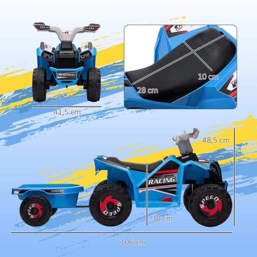 HOMCOM Quadriciclo Elétrico para Crianças com Reboque a Bateria 6V Carro Elétrico para Crianças de 18-36 Meses com Velocidade 2,5 kmh Carga Máxima 106x41,5x48,5 cm Azul