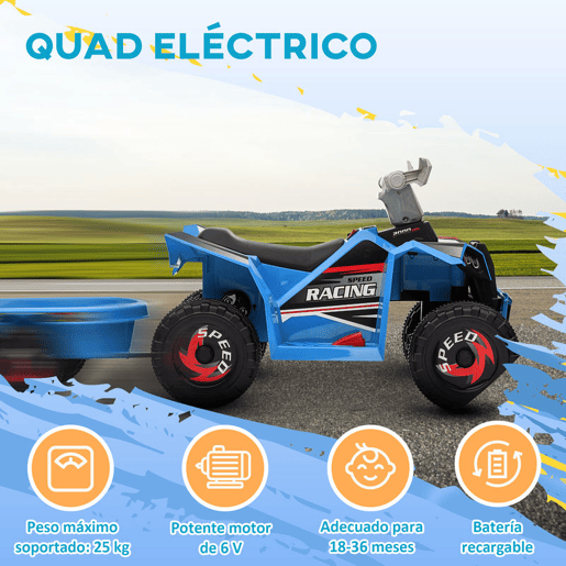 HOMCOM Quadriciclo Elétrico para Crianças com Reboque a Bateria 6V Carro Elétrico para Crianças de 18-36 Meses com Velocidade 2,5 kmh Carga Máxima 106x41,5x48,5 cm Azul