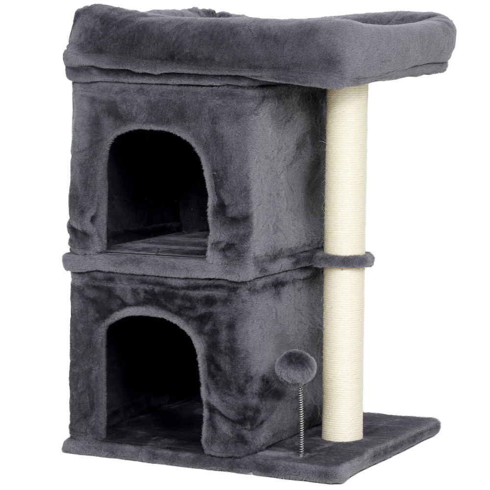 Pawhut árbol rascador para gatos, árbol para gatos 66 cm, torre escalador con cama, 2 cuevas, poste de sisal, bola para jugar, gris oscuro