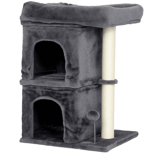 PawHut Arranhador para Gatos 66 cm Torre para Gatos com Cama 2 Cavernas Poste de Sisal e Bola para Brincar Cinzento Escuro