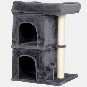 PawHut Arranhador para Gatos 66 cm Torre para Gatos com Cama 2 Cavernas Poste de Sisal e Bola para Brincar Cinzento Escuro