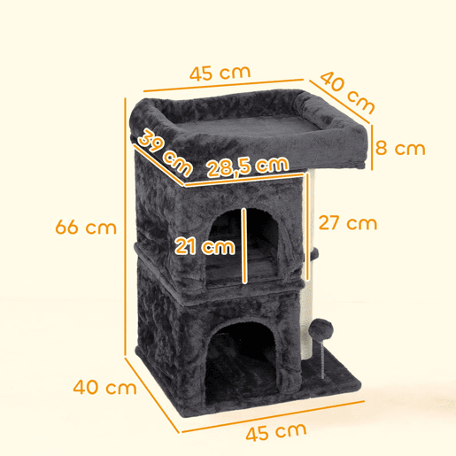 PawHut Arranhador para Gatos 66 cm Torre para Gatos com Cama 2 Cavernas Poste de Sisal e Bola para Brincar Cinzento Escuro