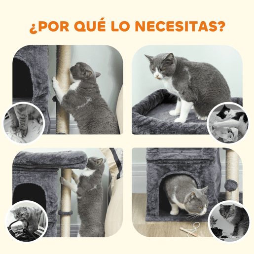 PawHut Arranhador para Gatos 66 cm Torre para Gatos com Cama 2 Cavernas Poste de Sisal e Bola para Brincar Cinzento Escuro