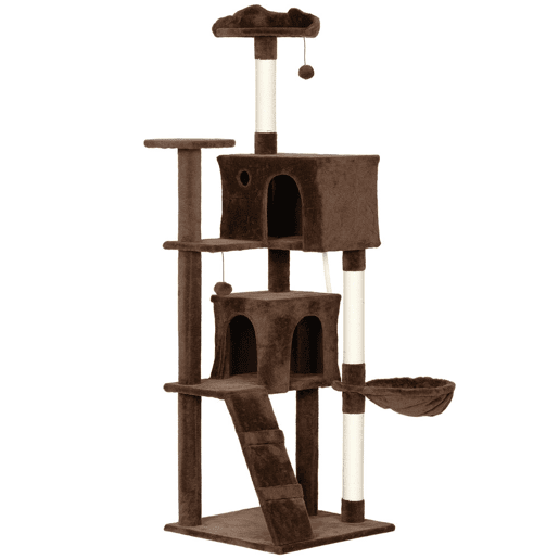 PawHut Arranhador para Gatos 180 cm Torre de Escalada com Múltiplas Plataformas Cama 2 Cavernas Rede Escada Postes de Sisal Bolas para Brincar Marrom