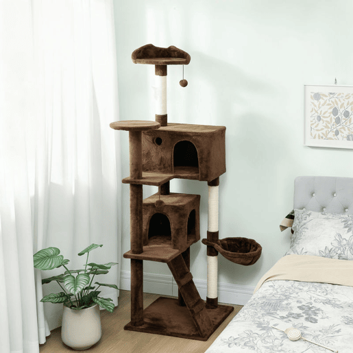 PawHut Arranhador para Gatos 180 cm Torre de Escalada com Múltiplas Plataformas Cama 2 Cavernas Rede Escada Postes de Sisal Bolas para Brincar Marrom