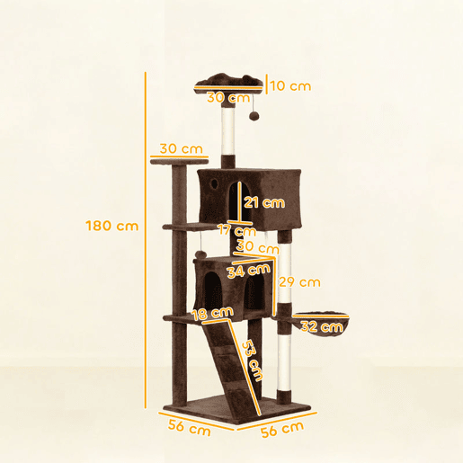 PawHut Arranhador para Gatos 180 cm Torre de Escalada com Múltiplas Plataformas Cama 2 Cavernas Rede Escada Postes de Sisal Bolas para Brincar Marrom