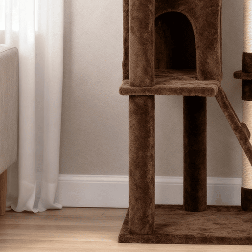PawHut Arranhador para Gatos 180 cm Torre de Escalada com Múltiplas Plataformas Cama 2 Cavernas Rede Escada Postes de Sisal Bolas para Brincar Marrom