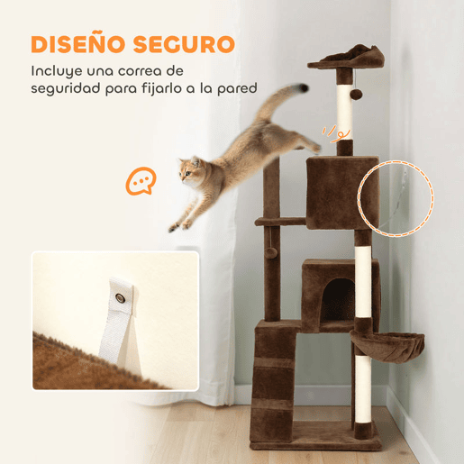 PawHut Arranhador para Gatos 180 cm Torre de Escalada com Múltiplas Plataformas Cama 2 Cavernas Rede Escada Postes de Sisal Bolas para Brincar Marrom