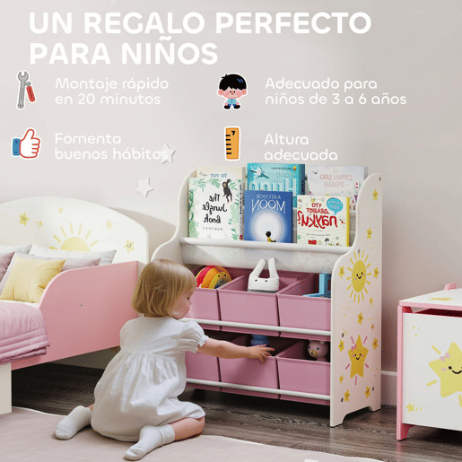 AIYAPLAY Estante Infantil para Brinquedos com 6 Caixas de Tecido Não Tecido Organizador de Brinquedos com 2 Prateleiras para Quarto Infantil Sala de Brincar Escola Infantil 63x30x71 cm Rosa