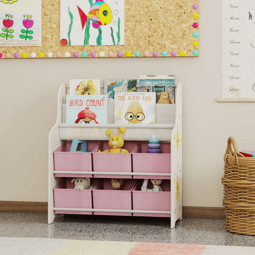 AIYAPLAY Estante Infantil para Brinquedos com 6 Caixas de Tecido Não Tecido Organizador de Brinquedos com 2 Prateleiras para Quarto Infantil Sala de Brincar Escola Infantil 63x30x71 cm Rosa