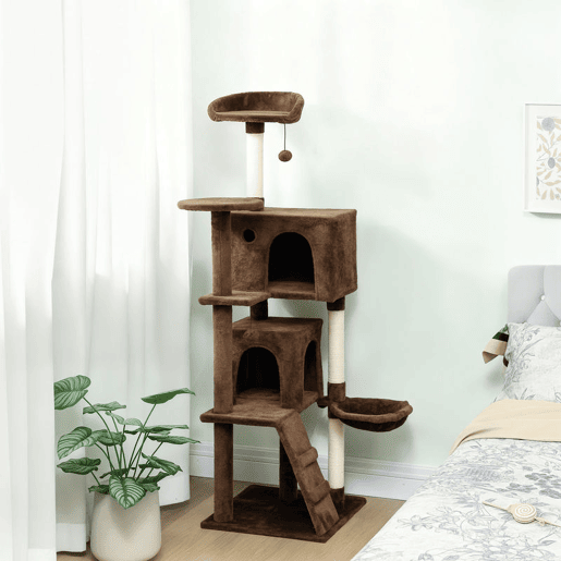PawHut Arranhador para Gatos 160 cm Torre de Escalada com Múltiplas Plataformas Cama 2 Cavernas Rede Escada Postes de Sisal Bolas para Brincar Marrom