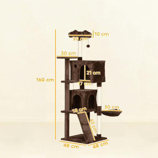 PawHut Arranhador para Gatos 160 cm Torre de Escalada com Múltiplas Plataformas Cama 2 Cavernas Rede Escada Postes de Sisal Bolas para Brincar Marrom