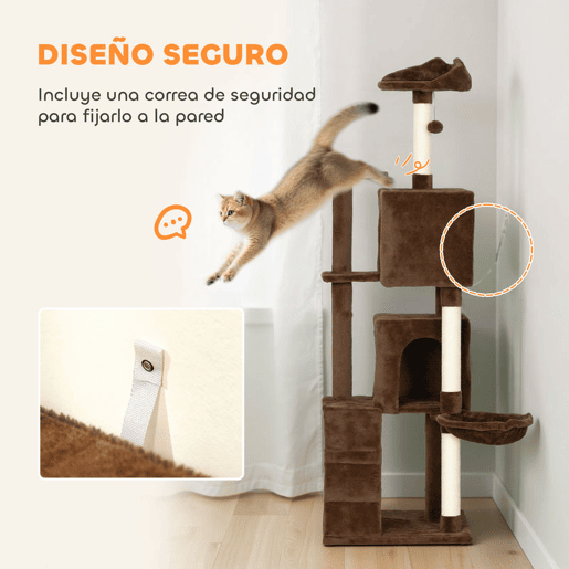PawHut Arranhador para Gatos 160 cm Torre de Escalada com Múltiplas Plataformas Cama 2 Cavernas Rede Escada Postes de Sisal Bolas para Brincar Marrom