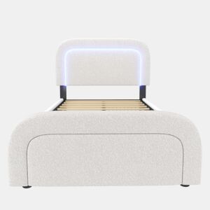 Cama individual 90x200cm - Cabeceira ajustável, Carregamento USB Tipo C, 2 gavetas, Iluminação LED, Estrutura em madeira - Branco Sherpa