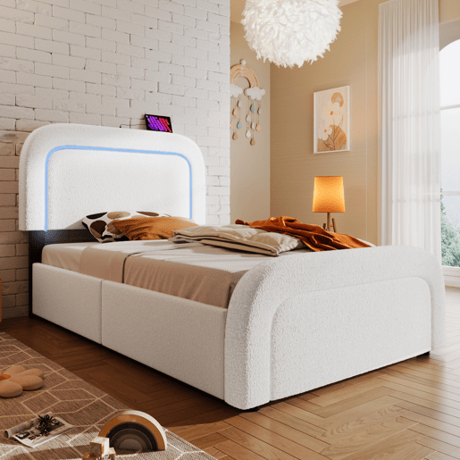 Cama individual 90x200cm - Cabeceira ajustável, Carregamento USB Tipo C, 2 gavetas, Iluminação LED, Estrutura em madeira - Branco Sherpa