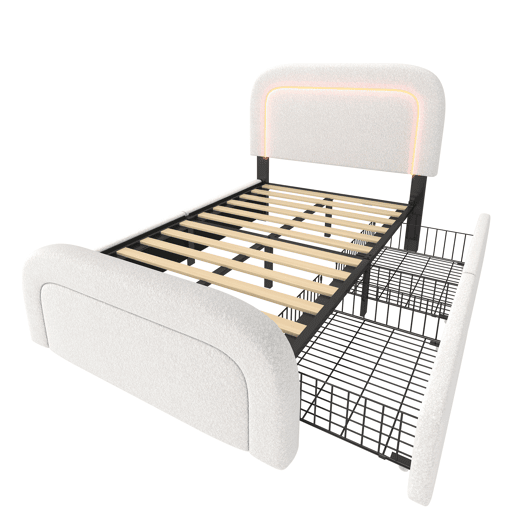 Cama individual 90x200cm - Cabeceira ajustável, Carregamento USB Tipo C, 2 gavetas, Iluminação LED, Estrutura em madeira - Branco Sherpa