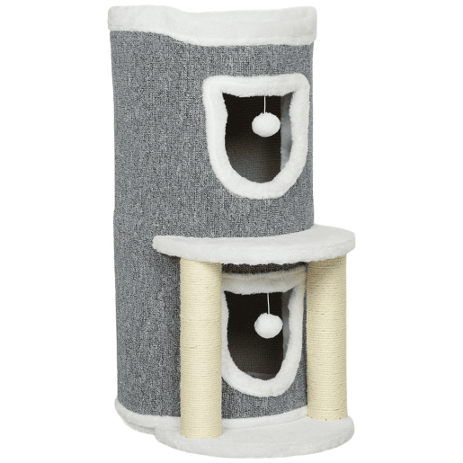 PawHut Arranhador para Gatos com Cama 2 Cavernas Postes de Sisal Tapete de Arranhar e Bolas para Brincar 50x36x76 cm Cinzento
