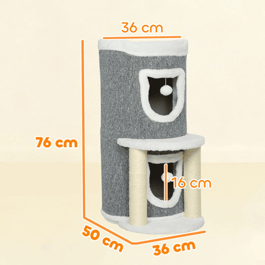 PawHut Arranhador para Gatos com Cama 2 Cavernas Postes de Sisal Tapete de Arranhar e Bolas para Brincar 50x36x76 cm Cinzento