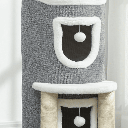 PawHut Arranhador para Gatos com Cama 2 Cavernas Postes de Sisal Tapete de Arranhar e Bolas para Brincar 50x36x76 cm Cinzento