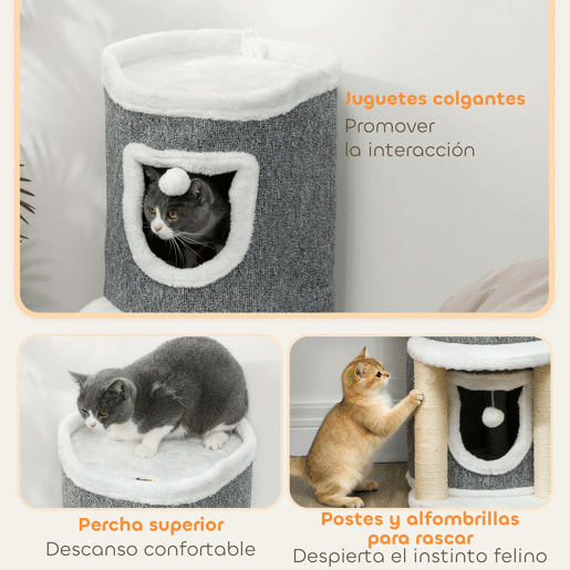 PawHut Arranhador para Gatos com Cama 2 Cavernas Postes de Sisal Tapete de Arranhar e Bolas para Brincar 50x36x76 cm Cinzento