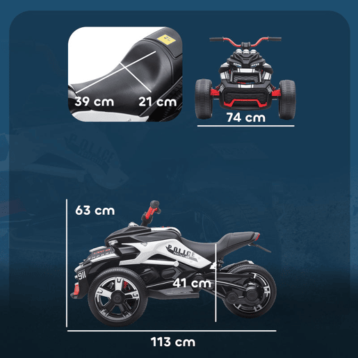 AIYAPLAY Quadricilo Elétrico para Crianças 12V 3-8 Anos com 2 Motores Velocidade até 5 kmh 3 Rodas Suspensão Faróis Buzina Música USB 113x74x63 cm Preto e Branco