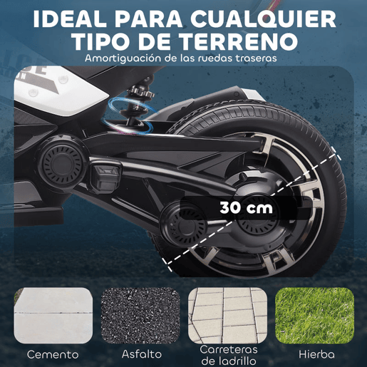 AIYAPLAY Quadricilo Elétrico para Crianças 12V 3-8 Anos com 2 Motores Velocidade até 5 kmh 3 Rodas Suspensão Faróis Buzina Música USB 113x74x63 cm Preto e Branco