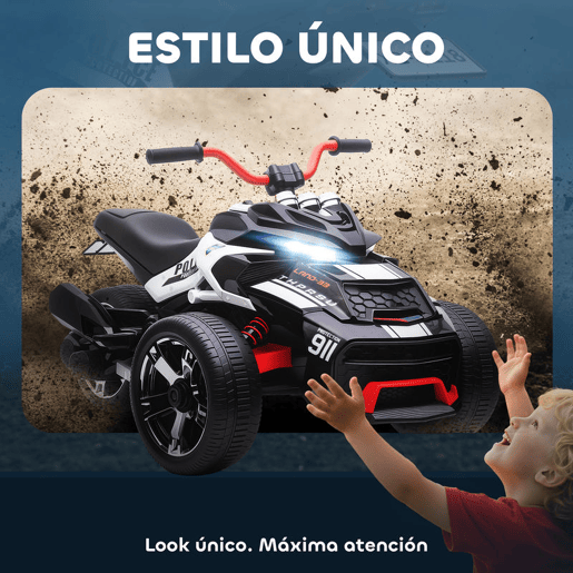 AIYAPLAY Quadricilo Elétrico para Crianças 12V 3-8 Anos com 2 Motores Velocidade até 5 kmh 3 Rodas Suspensão Faróis Buzina Música USB 113x74x63 cm Preto e Branco