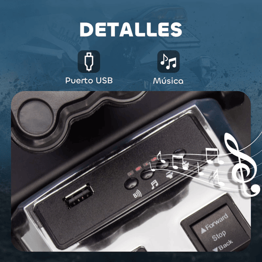 AIYAPLAY Quadricilo Elétrico para Crianças 12V 3-8 Anos com 2 Motores Velocidade até 5 kmh 3 Rodas Suspensão Faróis Buzina Música USB 113x74x63 cm Preto e Branco
