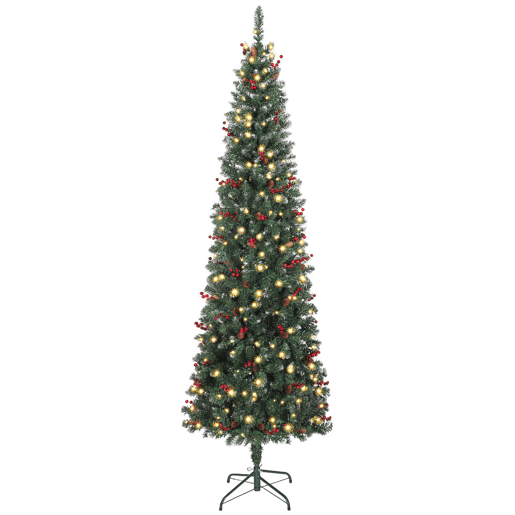 HOMCOM Árvore de Natal Slim 230 cm Árvore de Natal Artificial com Luzes LED Branco Quente 8 Modos de Iluminação 761 Ramos com Purpurina Prateada Pinhas Bagas e Suporte Metálico Verde