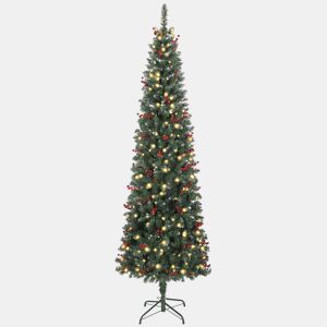 HOMCOM Árvore de Natal Slim 230 cm Árvore de Natal Artificial com Luzes LED Branco Quente 8 Modos de Iluminação 761 Ramos com Purpurina Prateada Pinhas Bagas e Suporte Metálico Verde