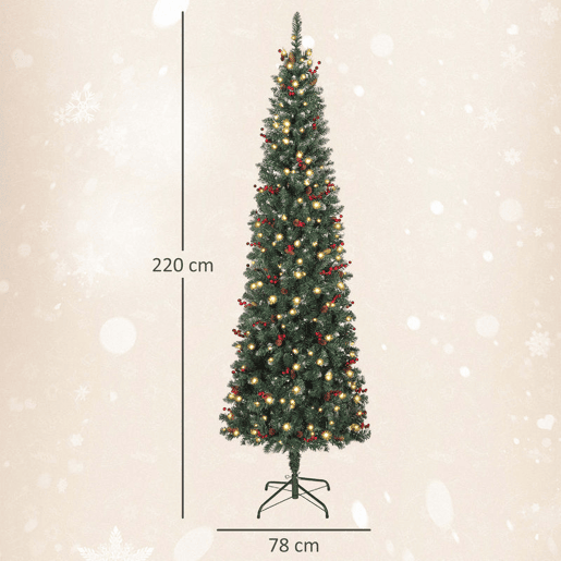 HOMCOM Árvore de Natal Slim 230 cm Árvore de Natal Artificial com Luzes LED Branco Quente 8 Modos de Iluminação 761 Ramos com Purpurina Prateada Pinhas Bagas e Suporte Metálico Verde